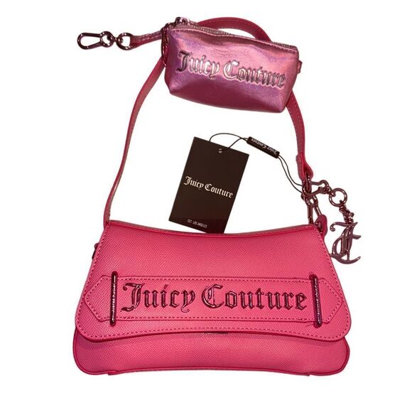Juicy Couture Hot Pink Faux Leather Jasmine Flap Hobo Bag w/ Metallic Mini Pouch - Picture 15 of 16